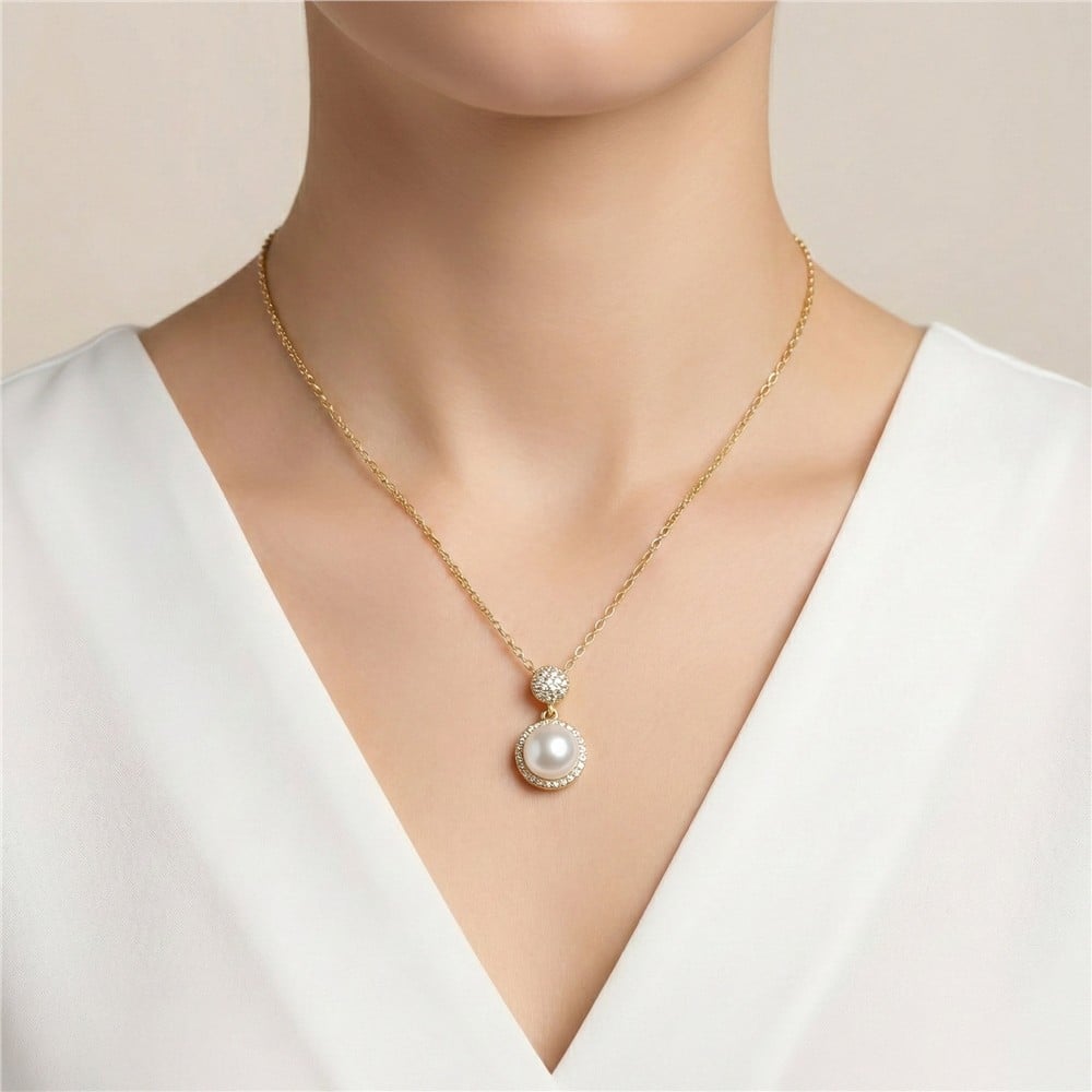 İncili Zirkon Taşlı Zincir Kolye 14K Altın Kaplama - 45+5 cm