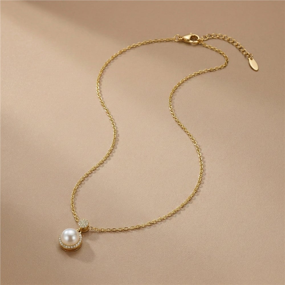 İncili Zirkon Taşlı Zincir Kolye 14K Altın Kaplama - 45+5 cm