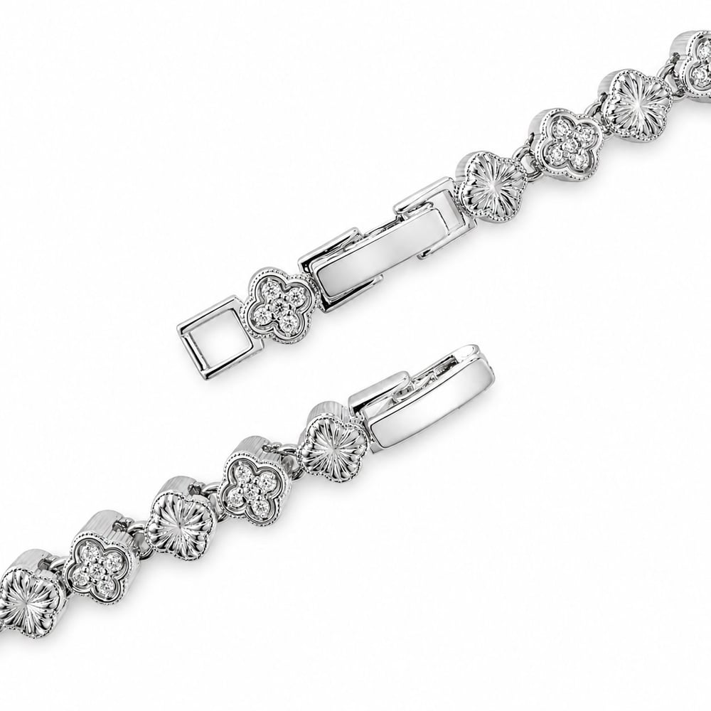 İşlemeli Yonca Zirkon Taşlı Çelik Su Yolu Bileklik - Beyaz Altın Kaplama - 16+1 cm