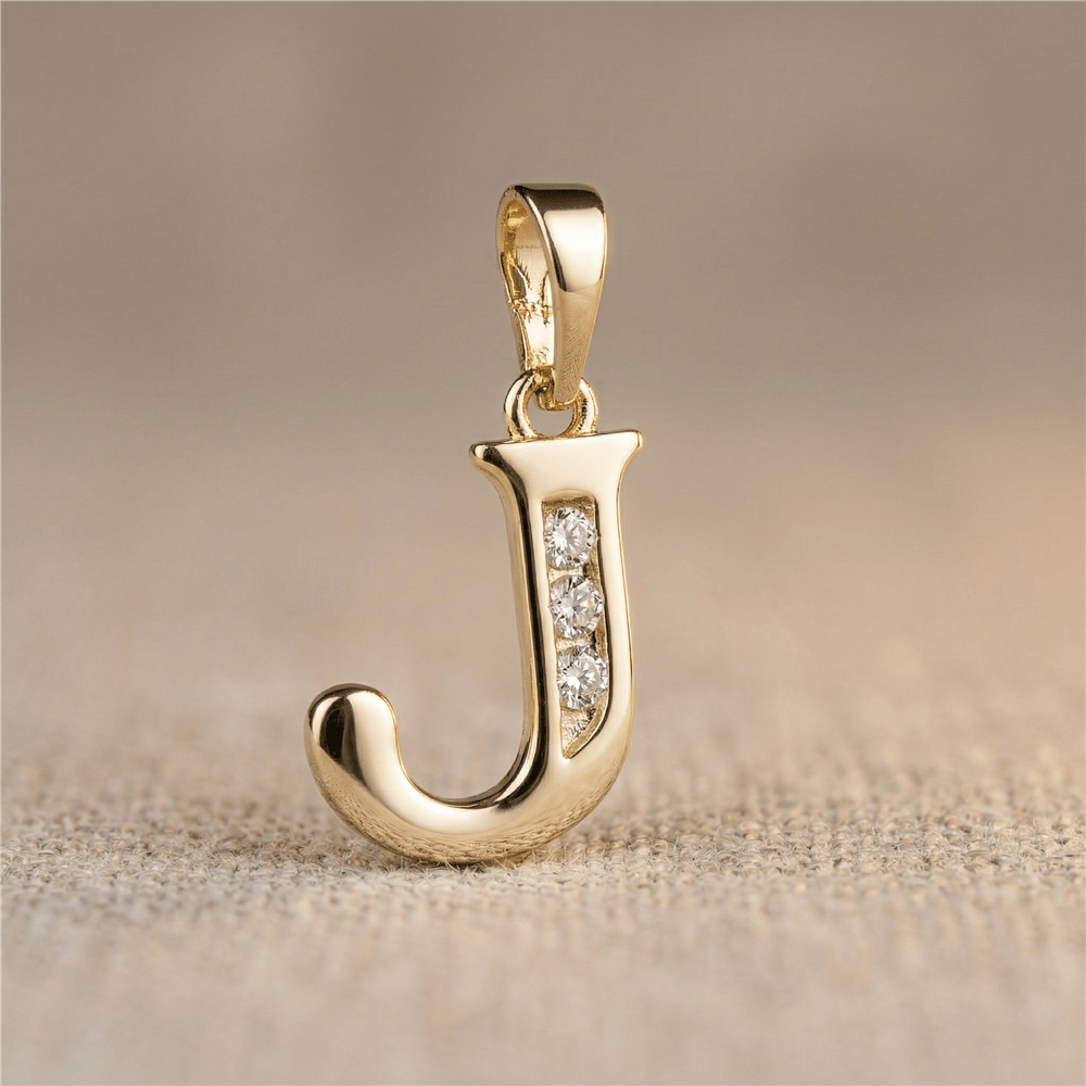 J Harfi Zirkon Taş Detaylı Kolye Ucu - 14K Altın Kaplama - 19 mm