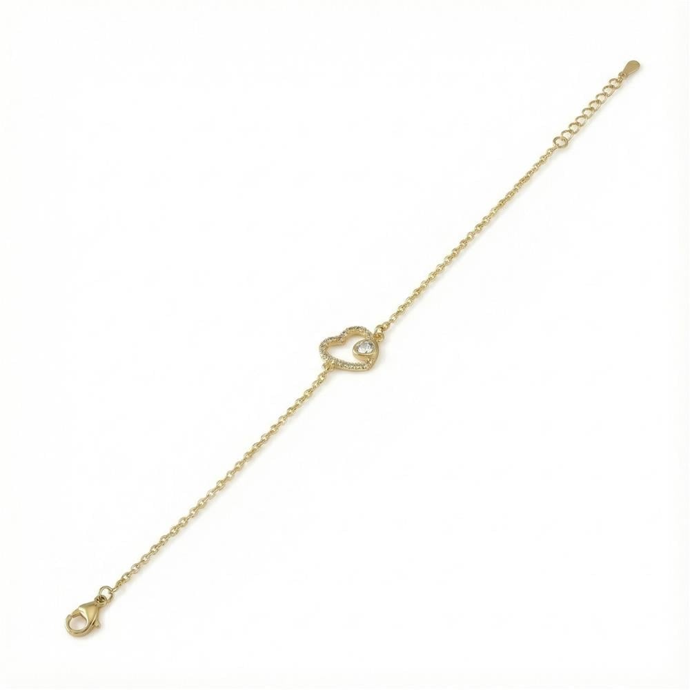Kalp Charm Zirkon Taşlı Bileklik - 14K Altın Kaplama - 17+3 cm