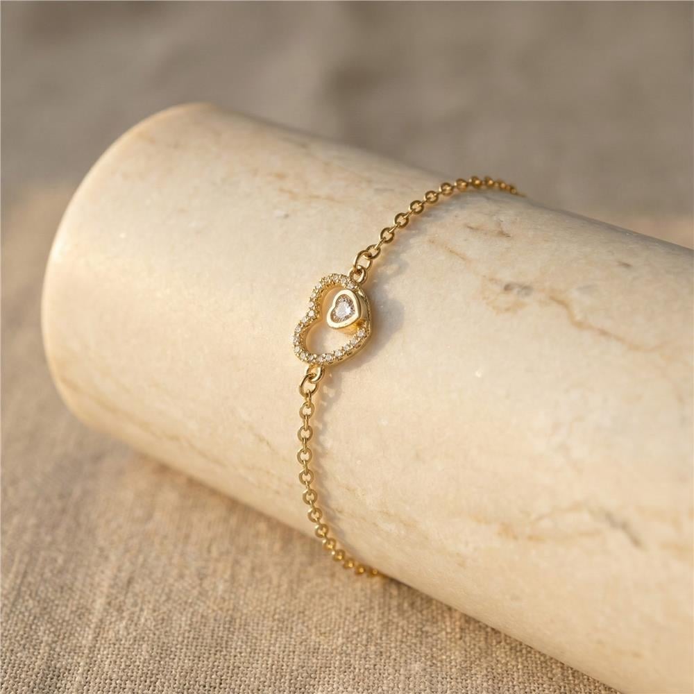 Kalp Charm Zirkon Taşlı Bileklik - 14K Altın Rengi Kaplama, 17+3 cm