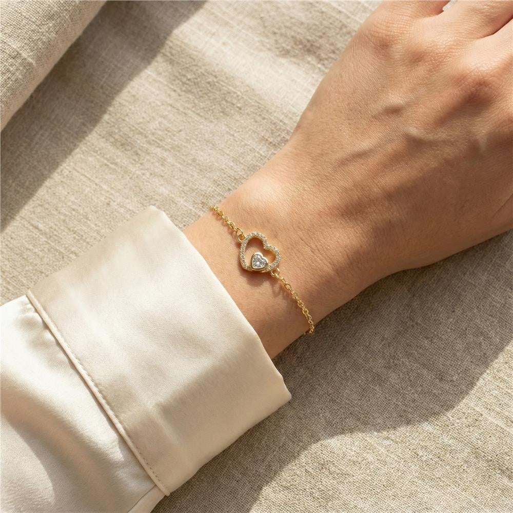 Kalp Charm Zirkon Taşlı Bileklik - 14K Altın Kaplama - 17+3 cm