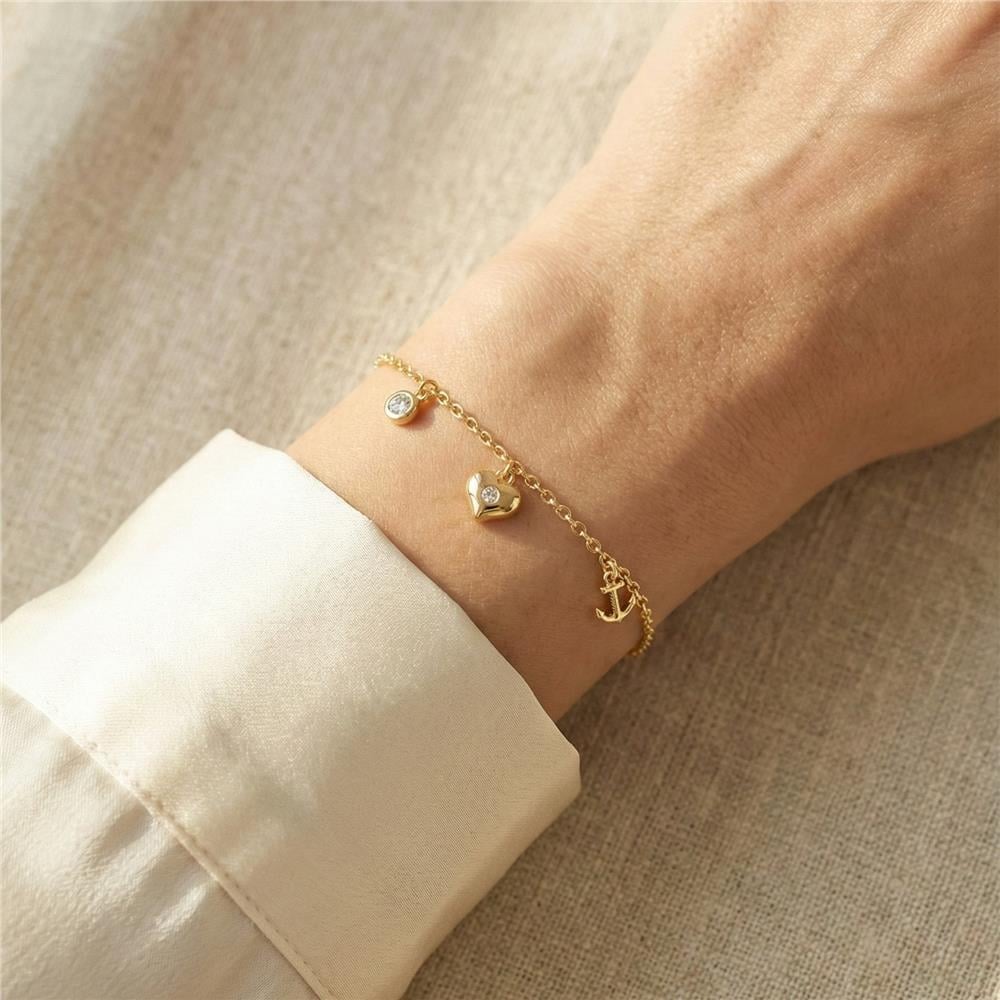 Kalp ve Çapa Zirkon Taşlı Charm Bileklik - 14K Altın Kaplama - 17+3 cm