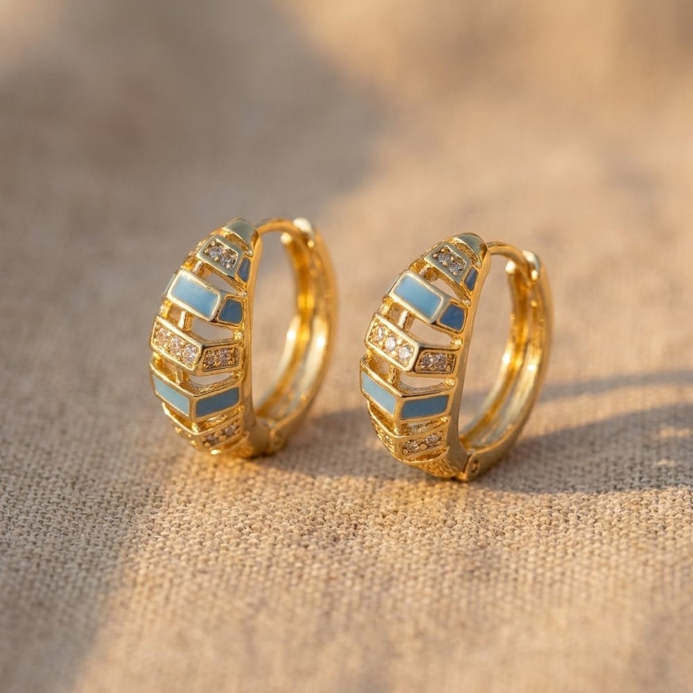Mavi Mineli Zirkon Taşlı Halka Küpe  - 14k Altın Kaplama - 17 mm çap