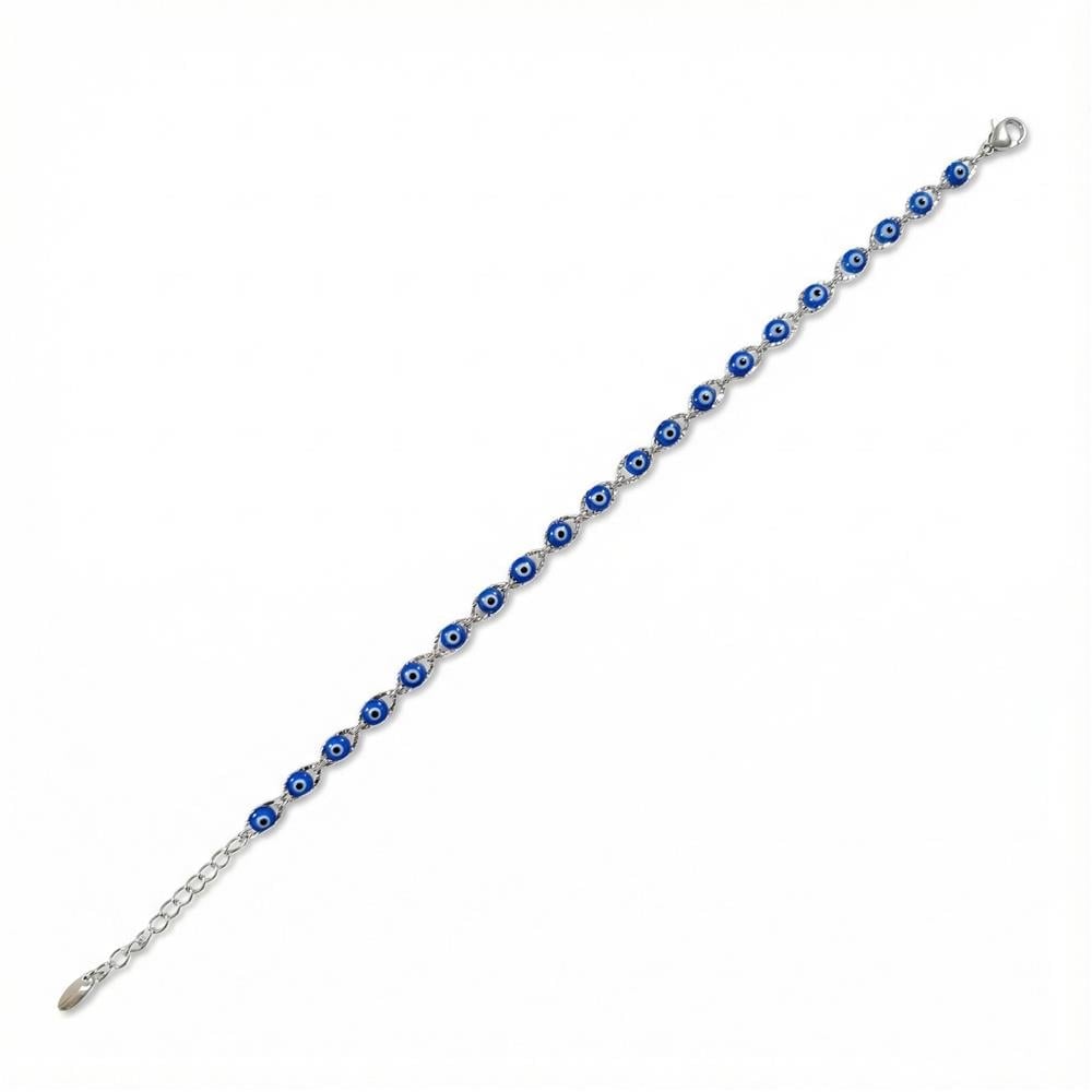 Mavi Nazar Boncuk Bileklik - Beyaz Altın Kaplama - 18+3 cm