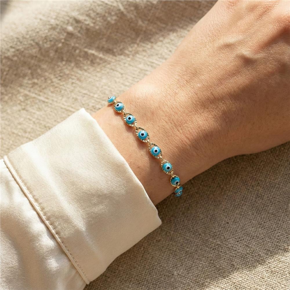 Mavi Nazar Boncuk Detaylı Bileklik - 14K Altın Kaplama - 18+3 cm