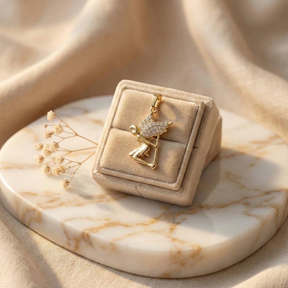 Melek Kolye Ucu - Zirkon - 14K Altın Kaplama - 22 mm
