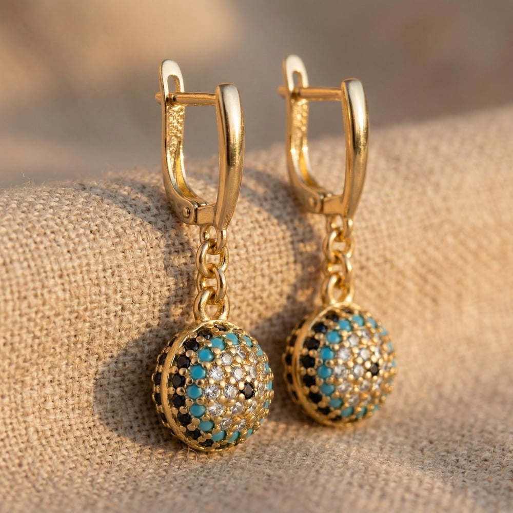 Nazar Boncuğu Detaylı Sallantılı Küpe - 14K Altın Kaplama - 3.2 cm