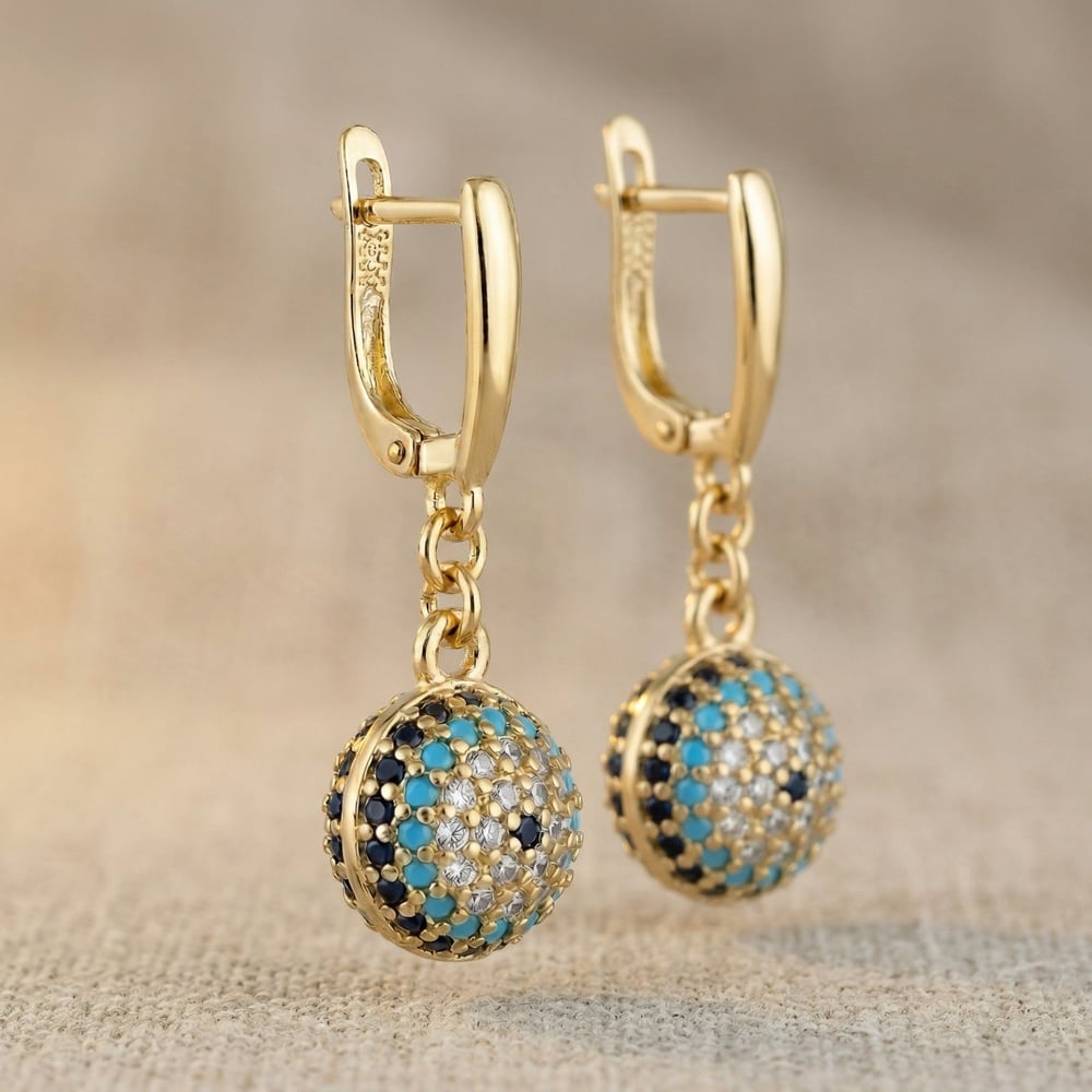 Nazar Boncuğu Detaylı Sallantılı Küpe - 14K Altın Kaplama - 3.2 cm