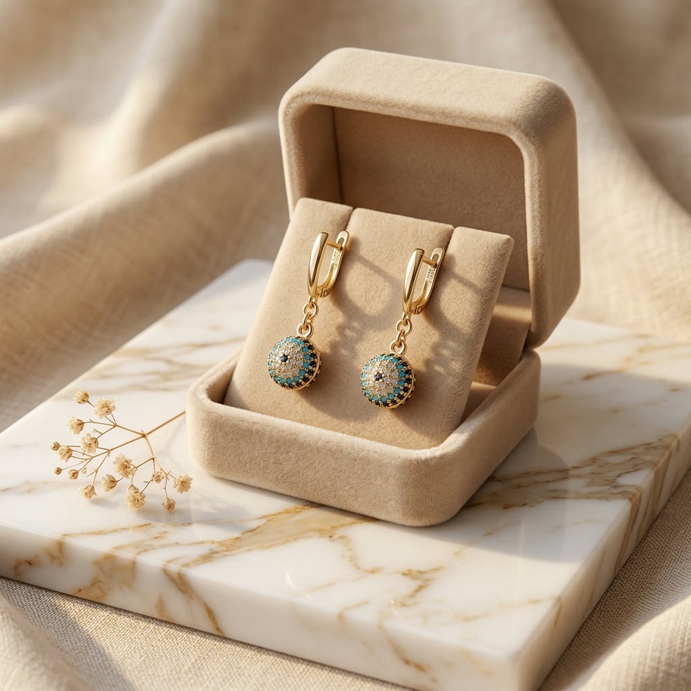 Nazar Boncuğu Detaylı Sallantılı Küpe - 14K Altın Kaplama - 3.2 cm