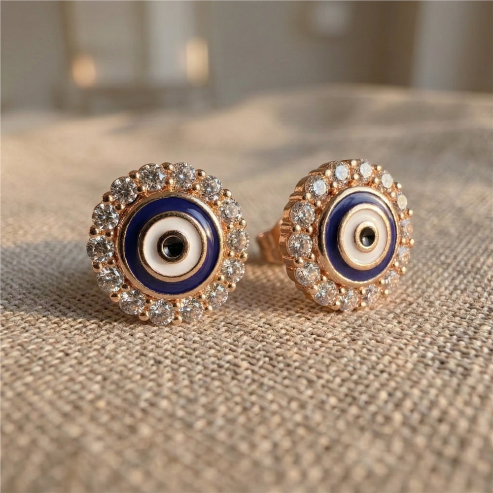 Nazar Boncuklu Zirkon Taşlı Küpe - Rose Altın Kaplama - 11 mm