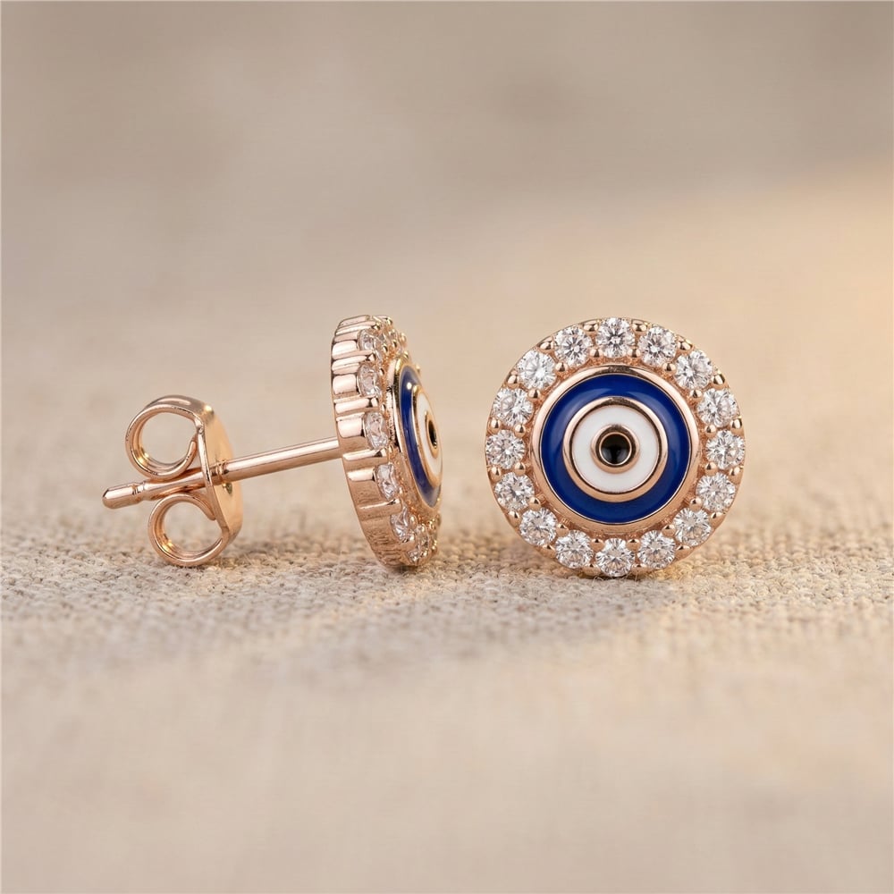 Nazar Boncuklu Zirkon Taşlı Küpe - Rose Altın Kaplama - 11 mm