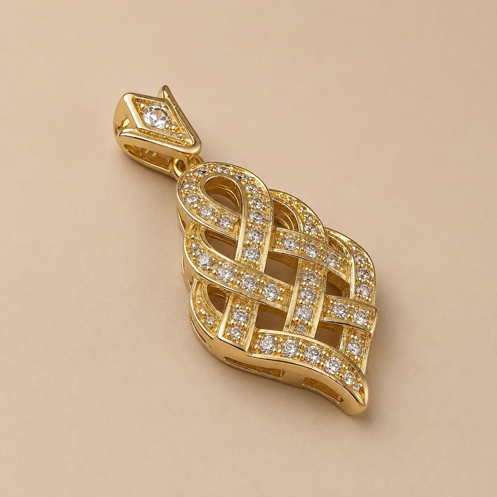 Örgü Desenli Zirkon Taşlı Kolye Ucu - 14k Altın Kaplama - 15 x 33 mm