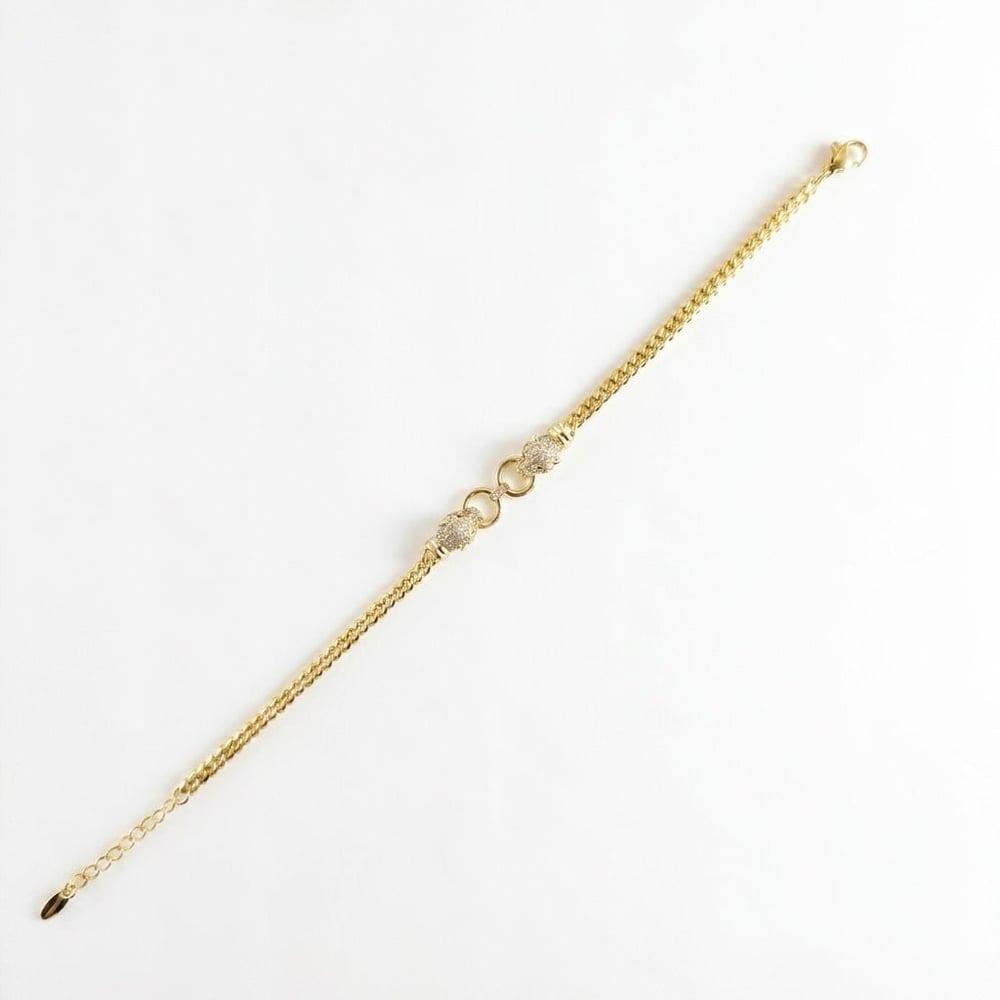 Panter Figürlü Zirkon Taşlı Gurmet Bileklik - 14k Altın Kaplama - 18+3 cm