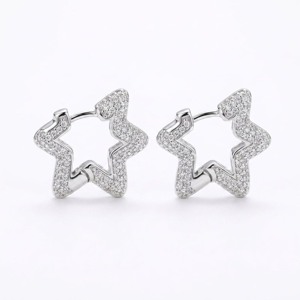 Pave Yıldız Zirkon Taşlı Küpe - Beyaz Altın Kaplama - 20 mm