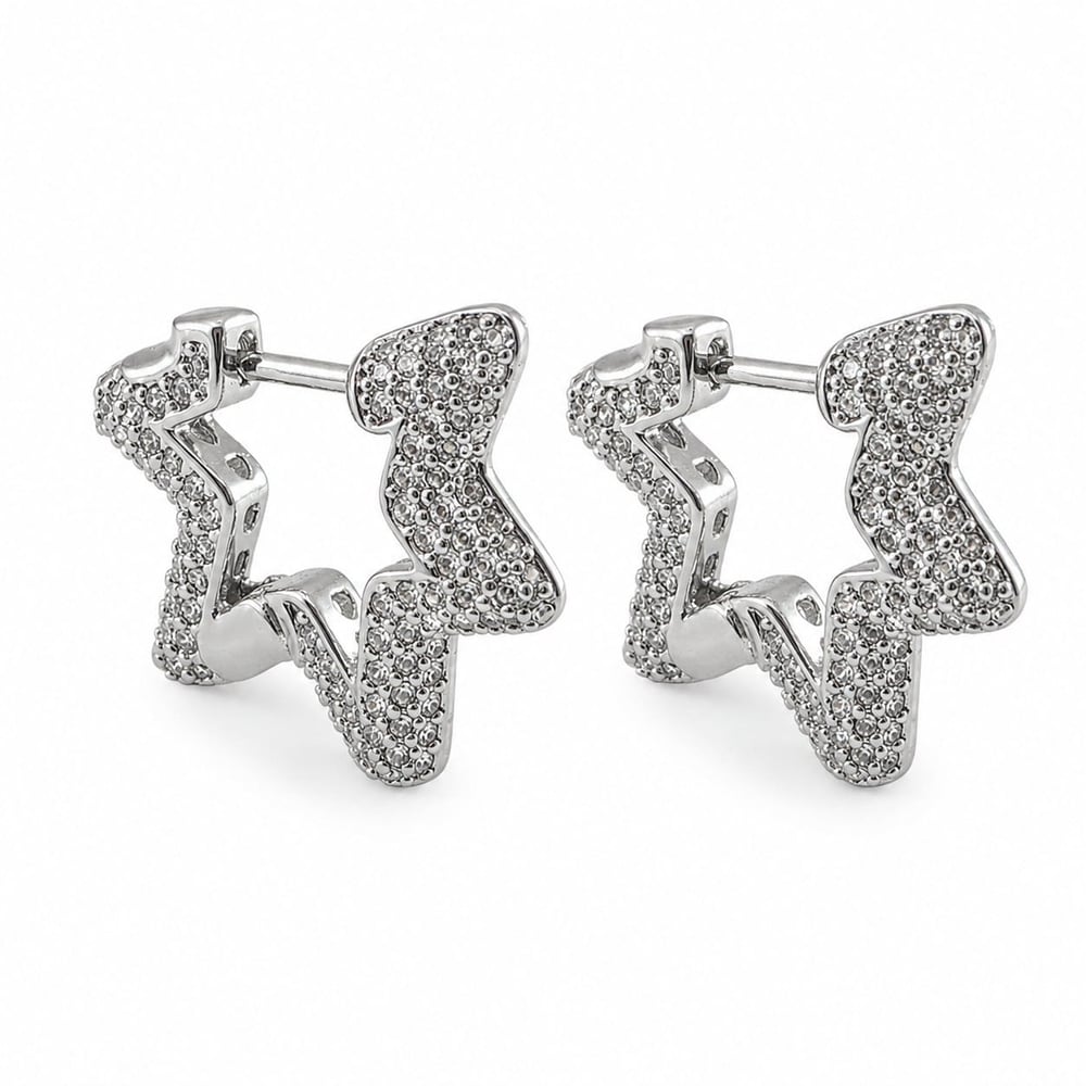 Pave Yıldız Zirkon Taşlı Küpe - Beyaz Altın Kaplama - 20 mm