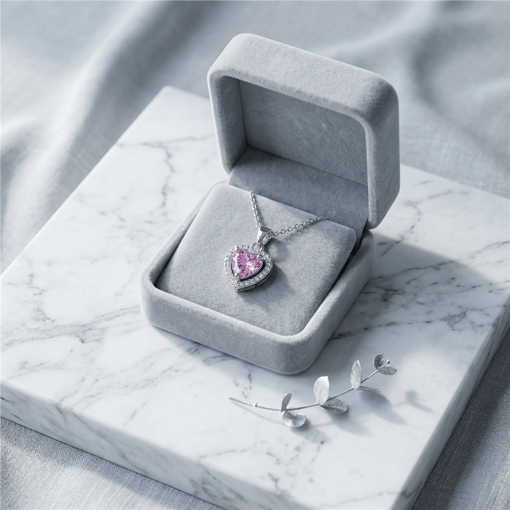 Pembe Zirkon Taşlı Kalp Kolye Ucu - Beyaz Altın Kaplama - 11x12 mm (45 cm Çelik Zincir Hediyeli)