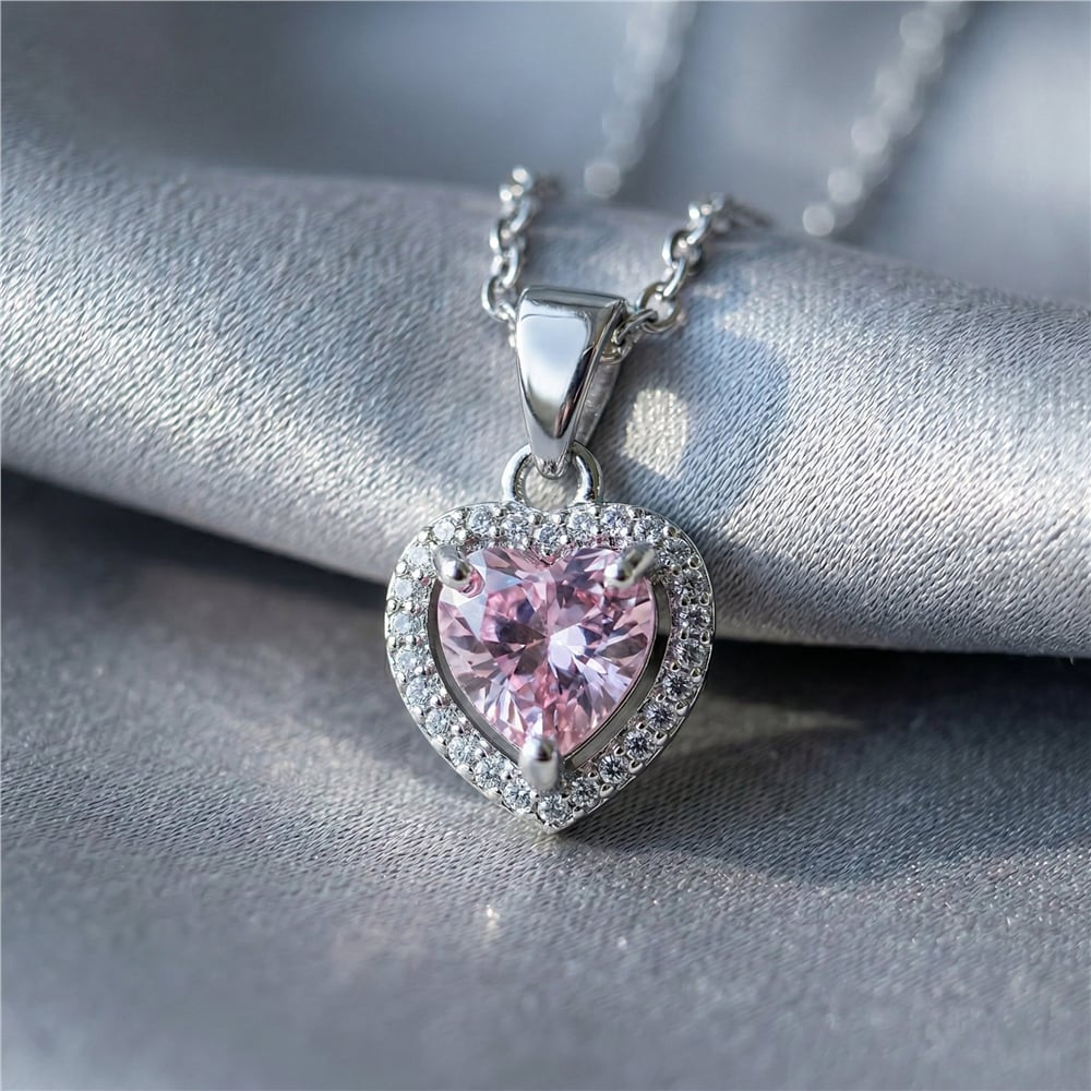 Pembe Zirkon Taşlı Kalp Kolye Ucu - Beyaz Altın Kaplama - 11x12 mm (45 cm Çelik Zincir Hediyeli)