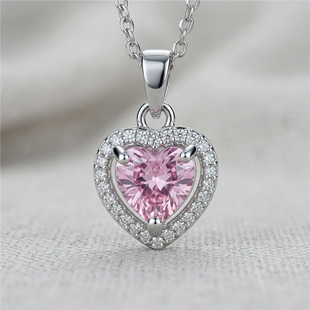 Pembe Zirkon Taşlı Kalp Kolye Ucu - Beyaz Altın Kaplama - 11x12 mm (45 cm Çelik Zincir Hediyeli)