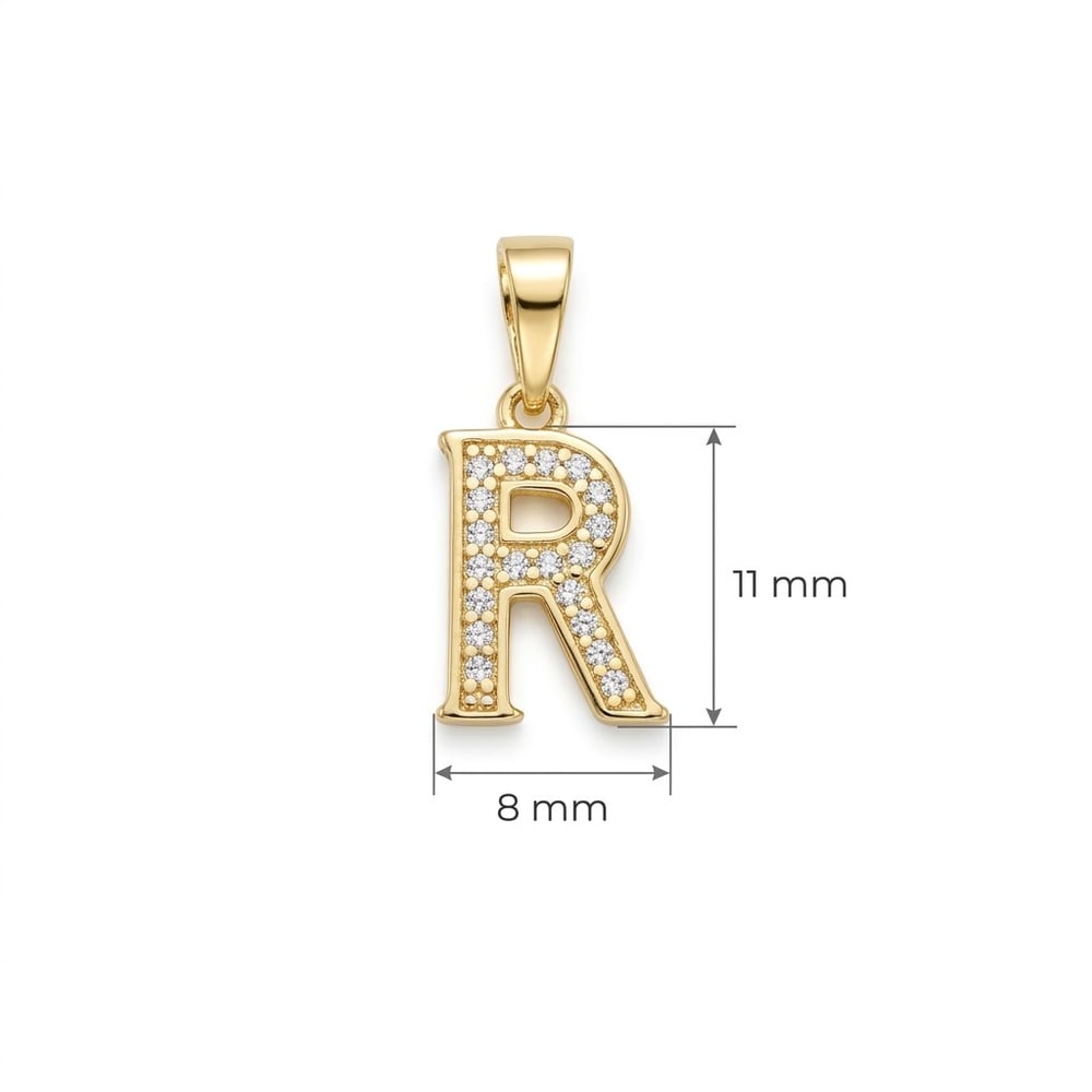 R Harfi Zirkon Taşlı Minimal Kolye Ucu  - 14k Altın Kaplama - 8 x 17 mm
