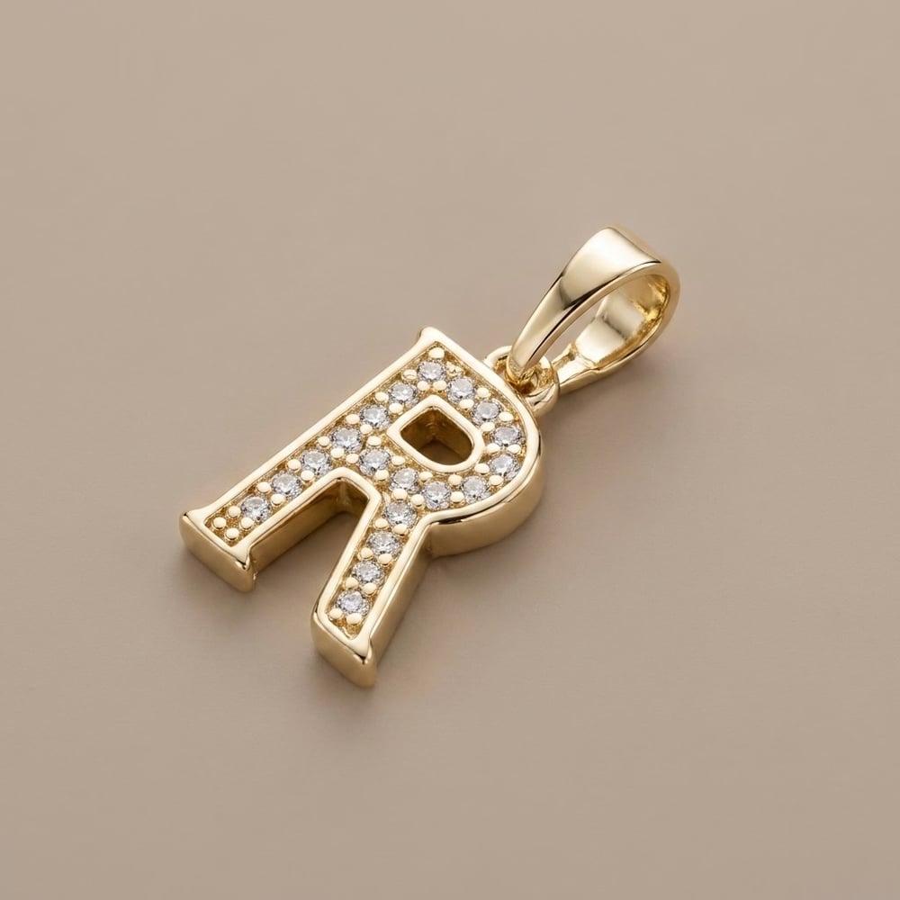 R Harfi Zirkon Taşlı Minimal Kolye Ucu  - 14k Altın Kaplama - 8 x 17 mm