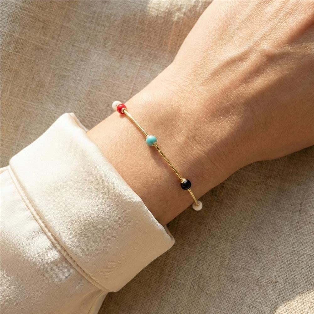 Renkli Mineli Top Bileklik - 14K Altın Kaplama - 17+3 cm