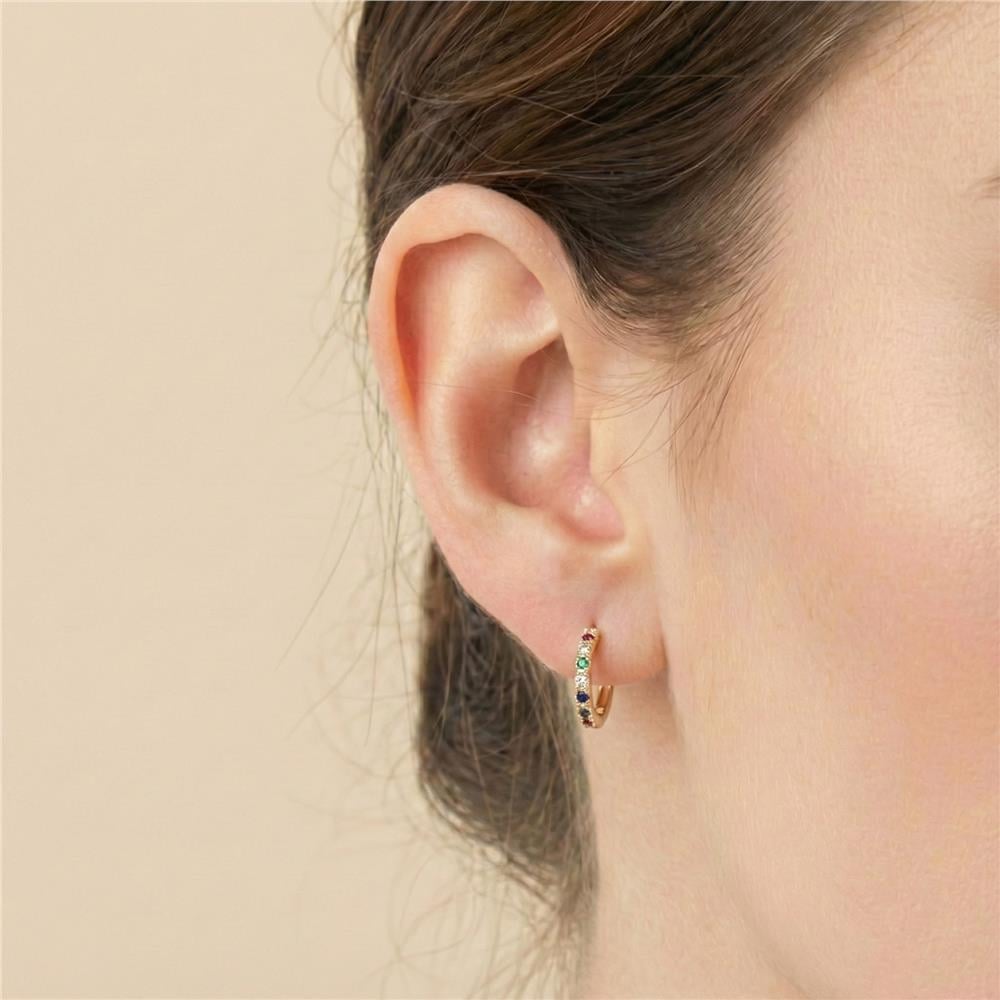 Renkli Zirkon Taşlı Halka Çelik Küpe - 14K Altın Kaplama - 1 cm çap