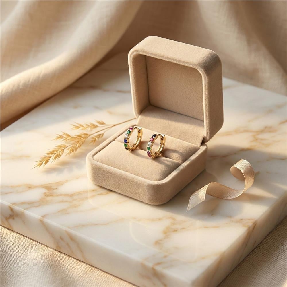 Renkli Zirkon Taşlı Halka Çelik Küpe - 14K Altın Kaplama - 1 cm çap