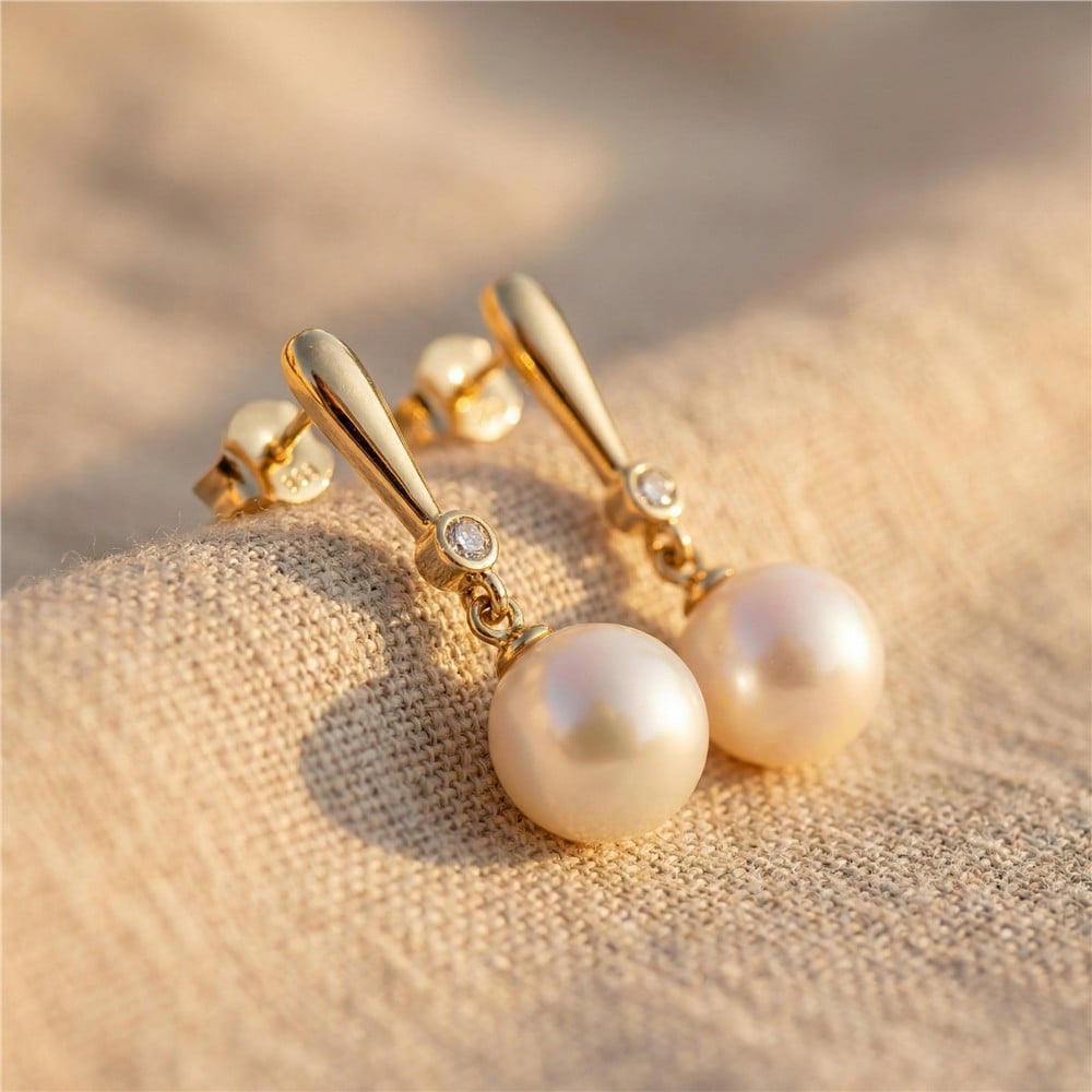 Sallantılı İnci Taş Detaylı Çelik Küpe - 14K Altın Kaplama - 28 mm