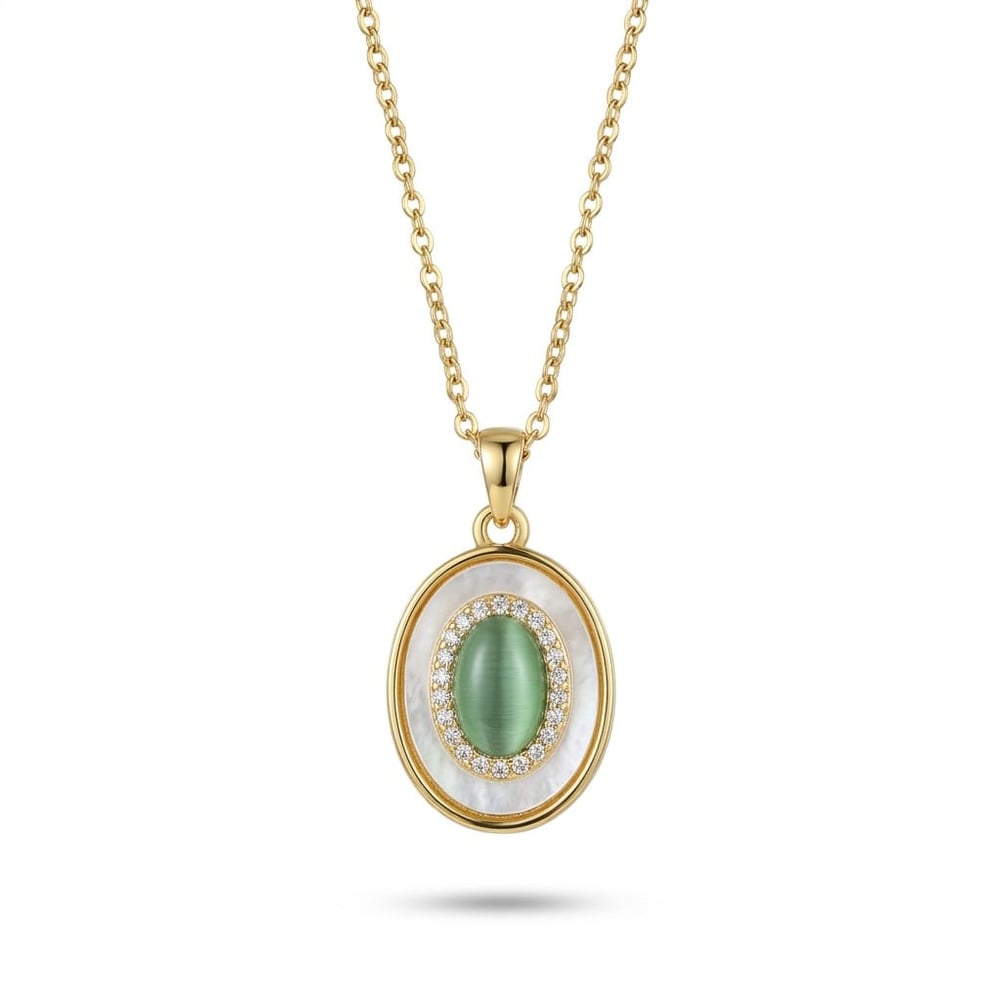 Sedef ve Oval Yeşil Taş detaylı Çelik Kolye Ucu - 14k Altın Kaplama - 15 x 24 mm (40+5 cm Çelik Zincir Hediyeli)