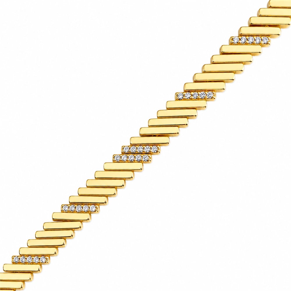 Sıralı Zirkon Taşlı Zincir Bileklik - 14k Altın Kaplama - 17+1 cm