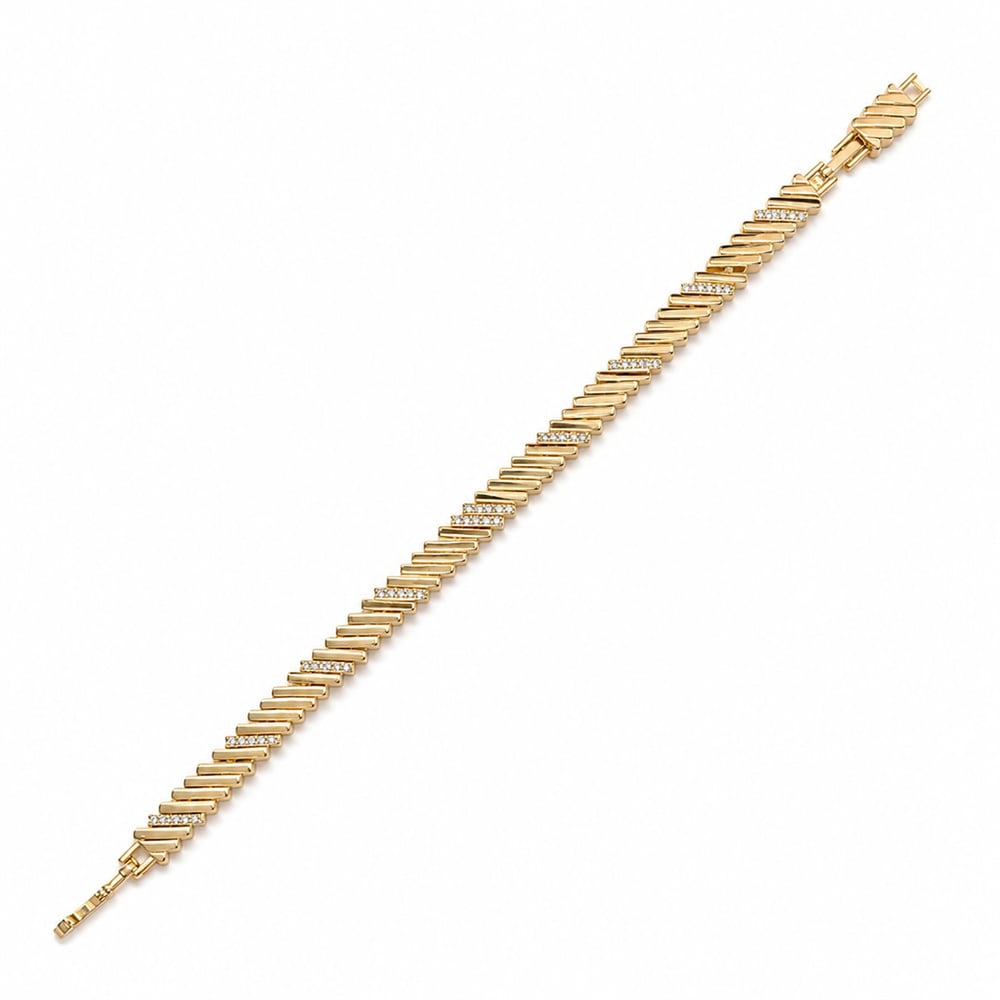 Sıralı Zirkon Taşlı Zincir Bileklik - 14k Altın Kaplama - 17+1 cm
