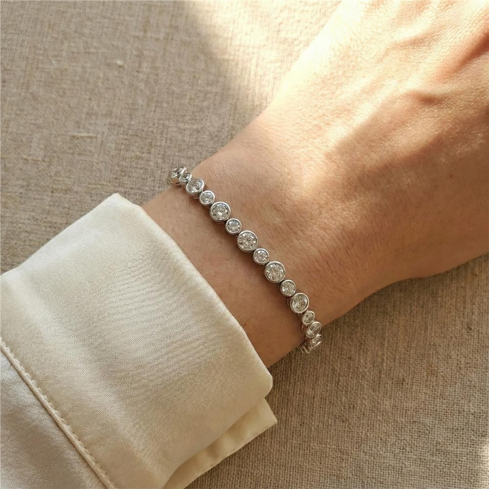 Tek Sıra Taşlı Çelik Bileklik - Beyaz Altın Kaplama - 17+2 cm