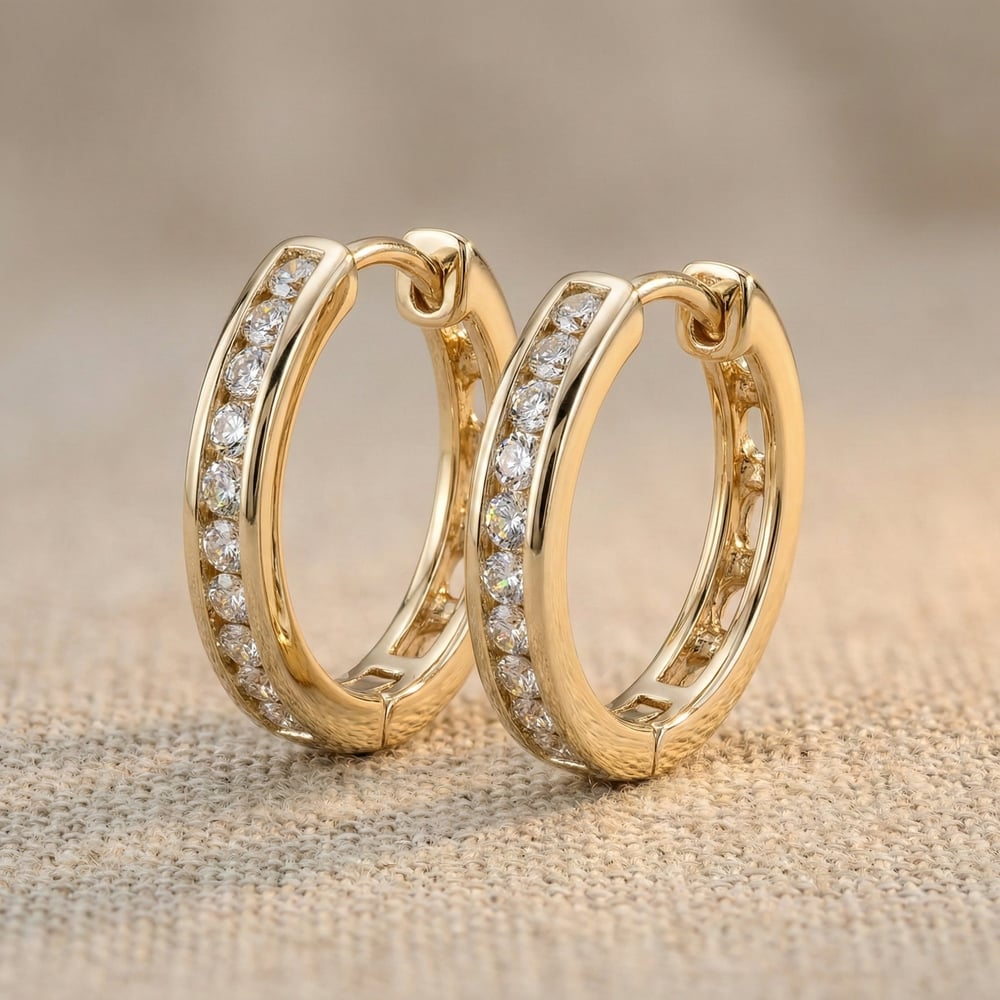 Tek Sıra Zirkon Halka Küpe - 14K Altın Kaplama - 18 mm çap