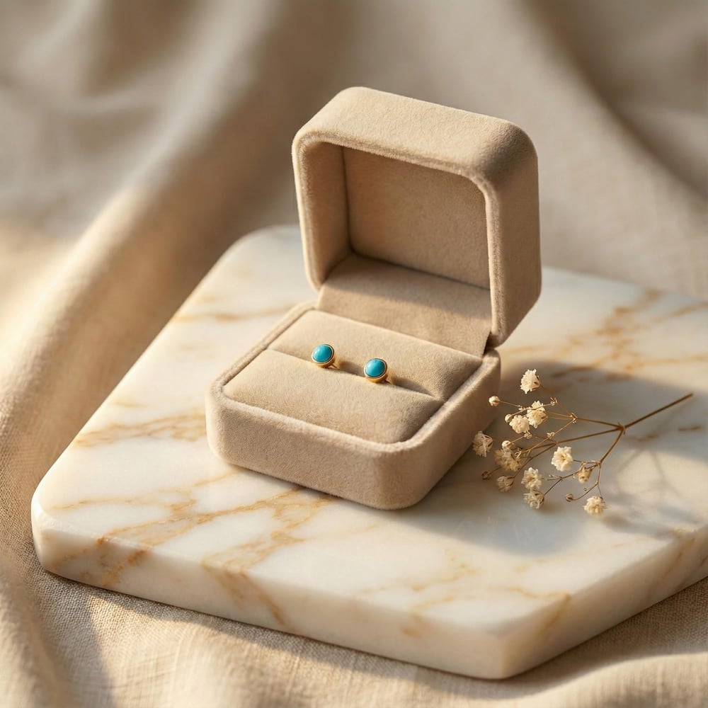 Turkuaz Taşlı Mini Çelik Küpe - 18K Altın Kaplama - 5 mm