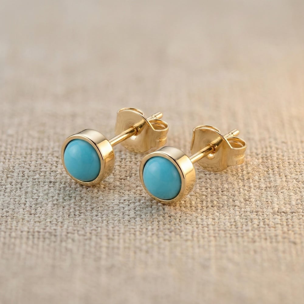 Turkuaz Taşlı Mini Çelik Küpe - 18K Altın Kaplama - 5 mm