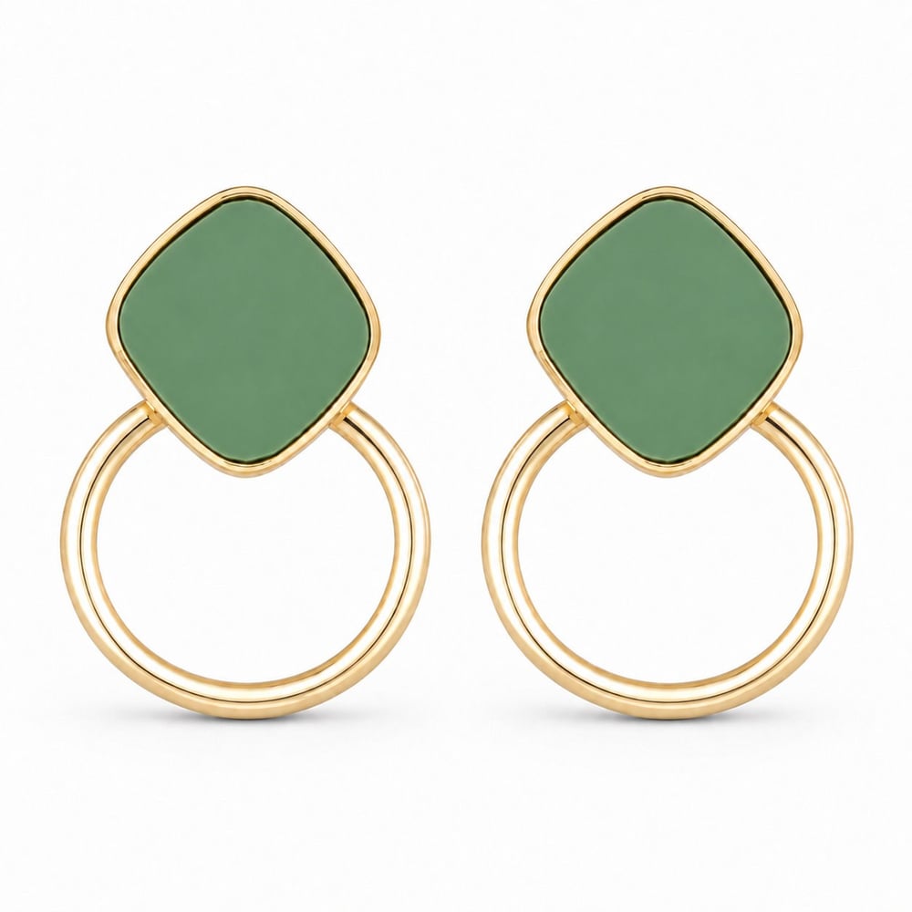 Yeşil Detaylı Halkalı Sallantılı Küpe  - 925 Ayar Gümüş Çivili - 14k Altın Kaplama - 34 mm