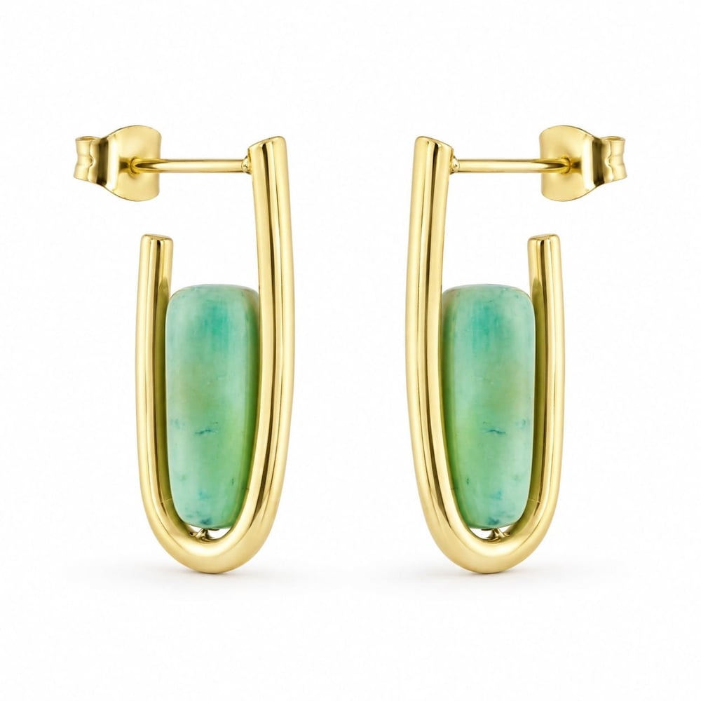 Yeşil Taşlı Küpe - 14k Altın Kaplama - 27 mm