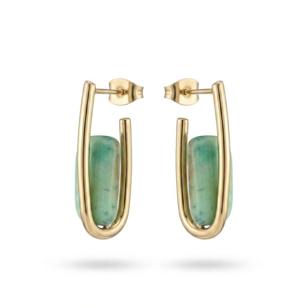 Yeşil Taşlı Küpe - 14k Altın Kaplama - 27 mm