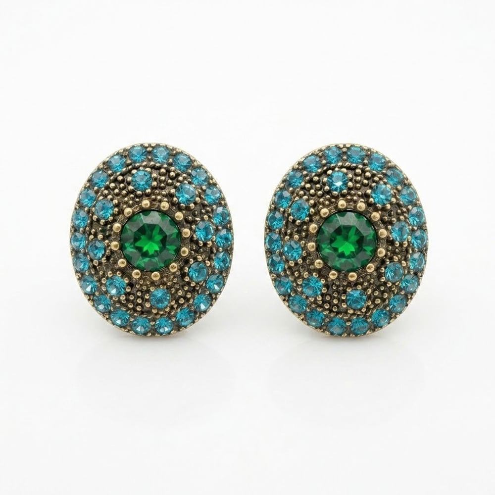 Yeşil Zirkon Taşlı Vintage Küpe - 925 Ayar Gümüş Çivili - Altın Rengi Kaplama - 18 mm