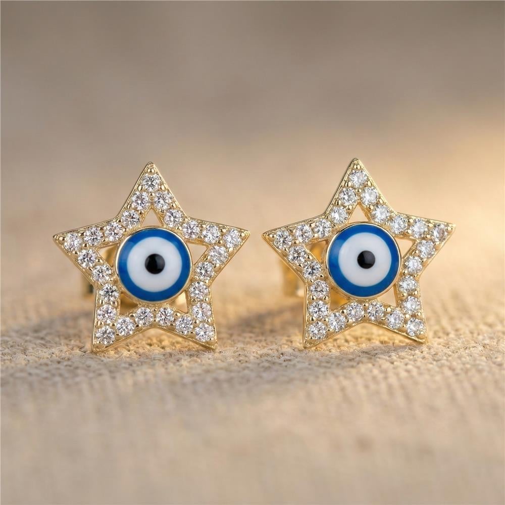 Yıldız Nazar Boncuklu Küpe - 14K Altın Kaplama - 15 mm