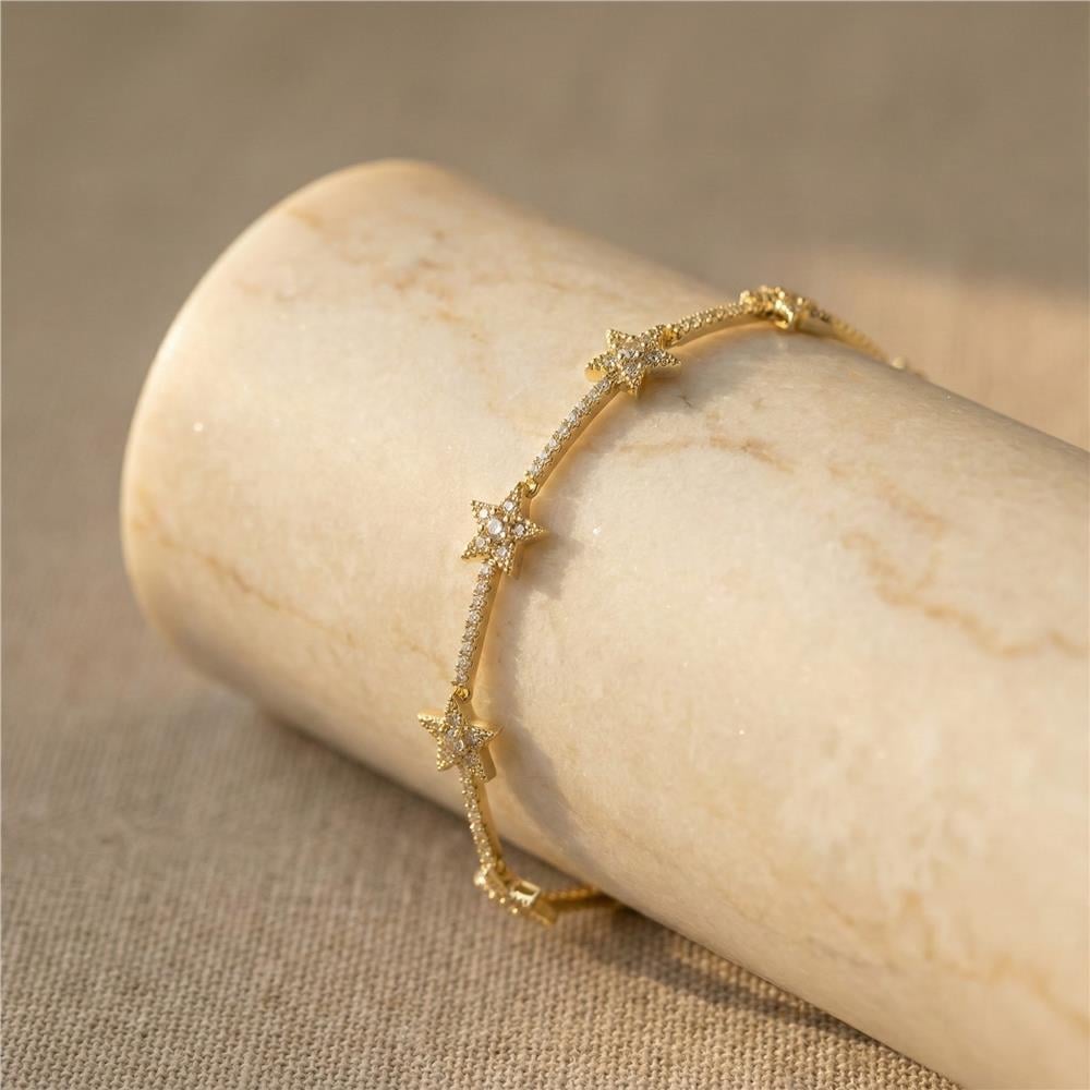 Yıldız Zirkon Taşlı Bileklik - 14K Altın Kaplama - 17 cm