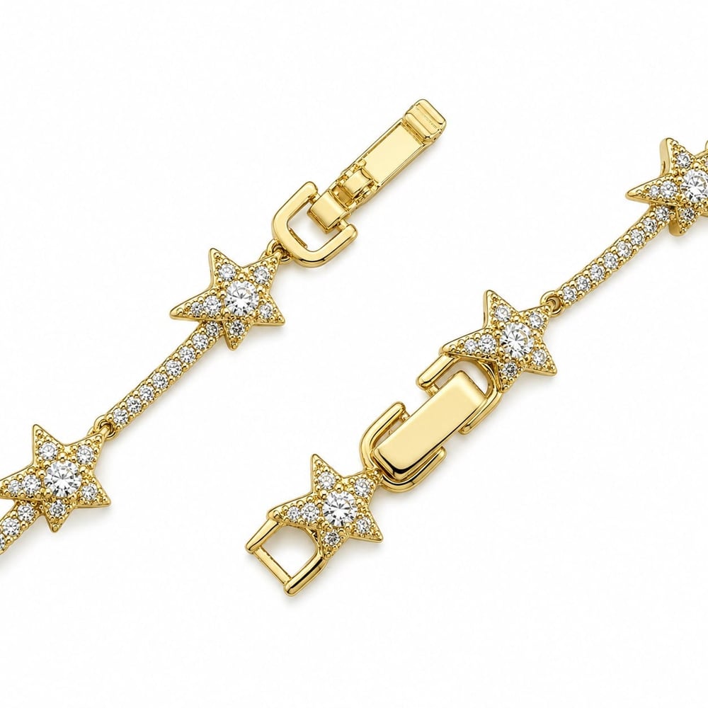 Yıldız Zirkon Taşlı Bileklik - 14K Altın Kaplama - 17 cm