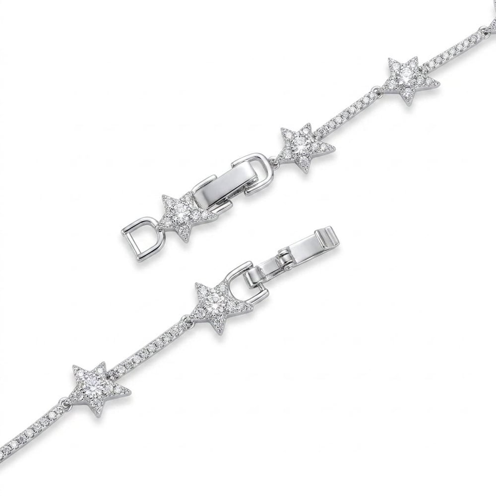 Yıldızlı Zirkon Taşlı Su Yolu Bileklik  - Beyaz Altın Kaplama - 17+2 cm