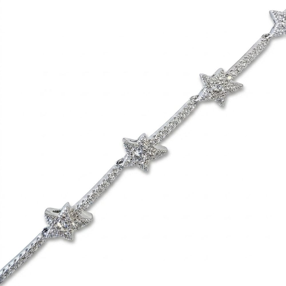 Yıldızlı Zirkon Taşlı Su Yolu Bileklik  - Beyaz Altın Kaplama - 17+2 cm