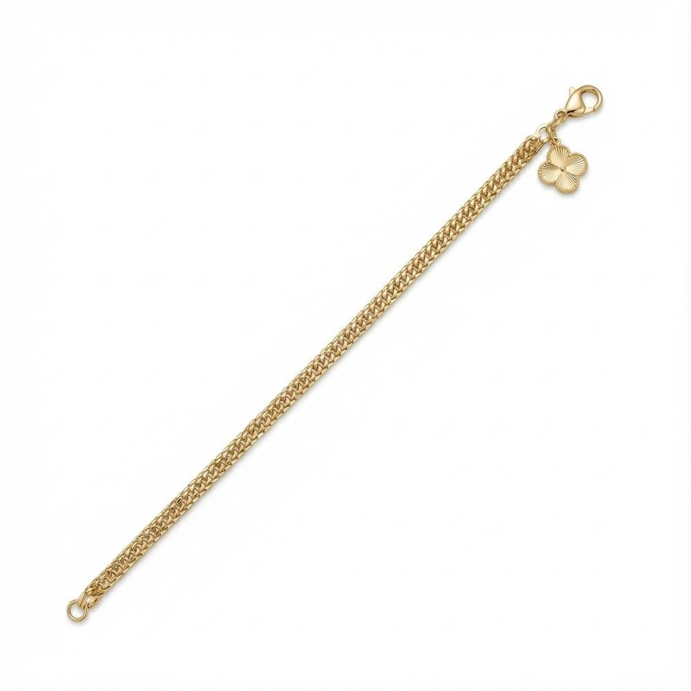 Yonca Uçlu Charm Hasır Zincir Çelik Bileklik - 14K Altın Kaplama - 19 cm
