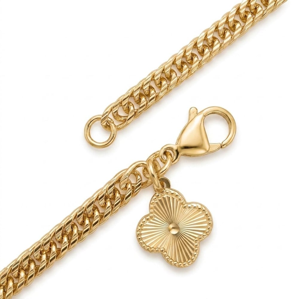 Yonca Uçlu Charm Hasır Zincir Çelik Bileklik - 14K Altın Kaplama - 19 cm
