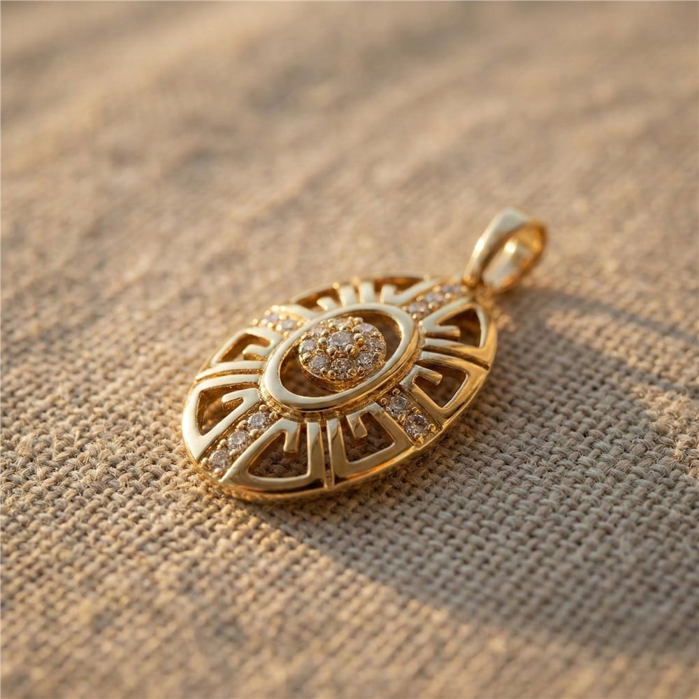 Zirkon Taş Detaylı Oval Kolye Ucu - 14K Altın Kaplama - 3 cm