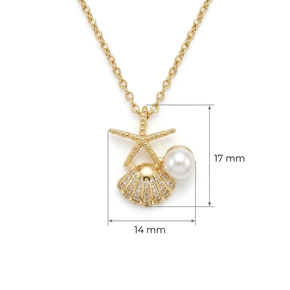 Zirkon Taşlı Denizkabuğu ve Denizyıldızı Figürlü İncili Çelik Kolye Ucu  - Altın Rengi Kaplama - 14 x 17 mm - (40+5 cm Çelik Zincir Hediyeli)